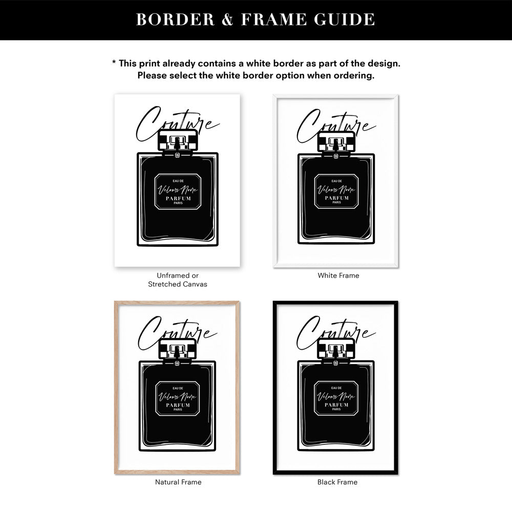 Black Scandi Perfume Bottle I - Art Print, Poster, Stretched Canvas or Framed Wall Art, Showing White , Black, Natural Frame Colours, No Frame (Unframed) or Stretched Canvas, and With or Without White Borders