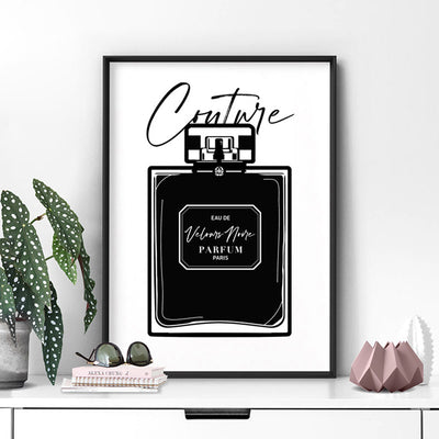 Black Scandi Perfume Bottle I - Art Print, Poster, Stretched Canvas or Framed Wall Art Prints, shown framed in a room