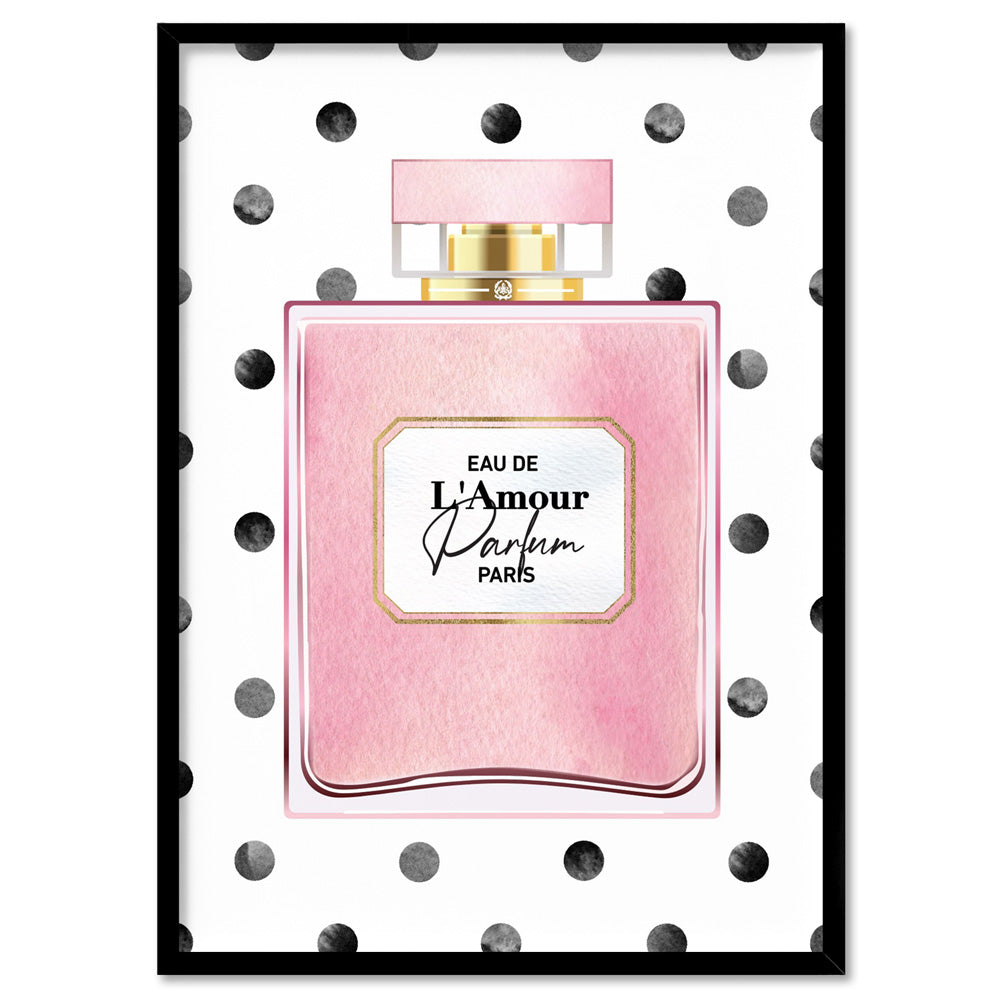 Watercolour Spot Perfume Bottle Blush - Art Print, Poster, Stretched Canvas, or Framed Wall Art Print, shown in a black frame