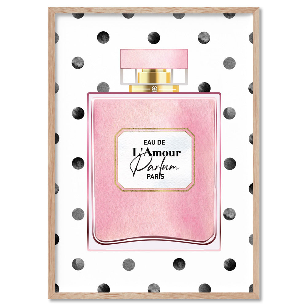Watercolour Spot Perfume Bottle Blush - Art Print, Poster, Stretched Canvas, or Framed Wall Art Print, shown in a natural timber frame