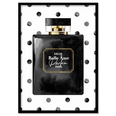 Watercolour Spot Perfume Bottle Black - Art Print, Poster, Stretched Canvas, or Framed Wall Art Print, shown in a black frame