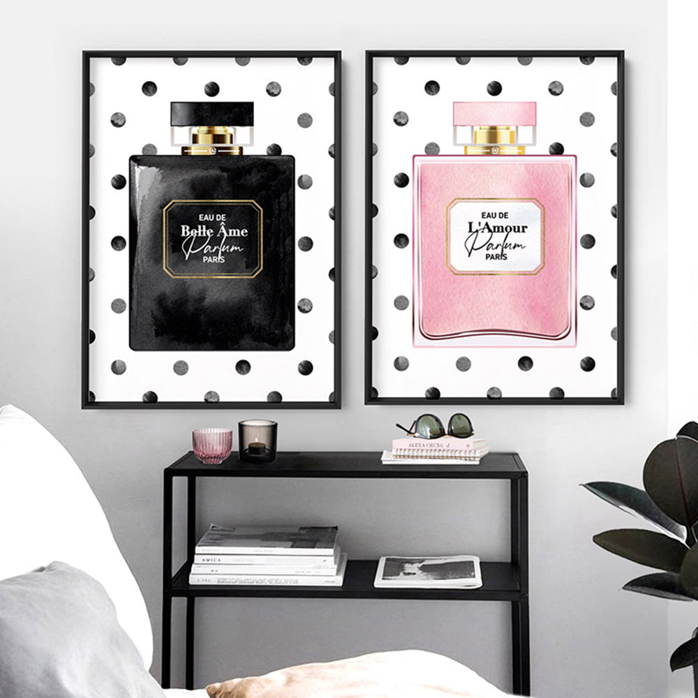 Watercolour Spot Perfume Bottle Black - Art Print, Poster, Stretched Canvas or Framed Wall Art, shown framed in a home interior space