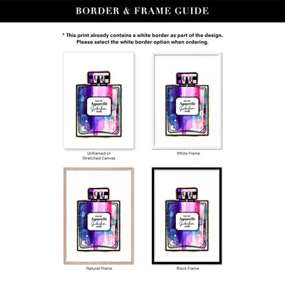 Rainbow Grunge Watercolour Perfume Bottle - Art Print, Poster, Stretched Canvas or Framed Wall Art, Showing White , Black, Natural Frame Colours, No Frame (Unframed) or Stretched Canvas, and With or Without White Borders