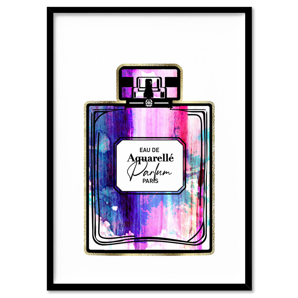 Rainbow Grunge Watercolour Perfume Bottle - Art Print, Poster, Stretched Canvas, or Framed Wall Art Print, shown in a black frame