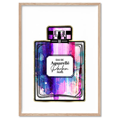 Rainbow Grunge Watercolour Perfume Bottle - Art Print, Poster, Stretched Canvas, or Framed Wall Art Print, shown in a natural timber frame