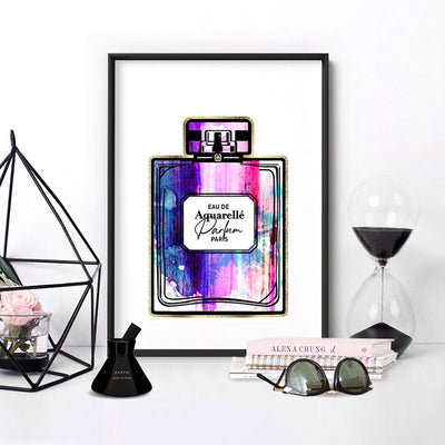 Rainbow Grunge Watercolour Perfume Bottle - Art Print, Poster, Stretched Canvas or Framed Wall Art Prints, shown framed in a room