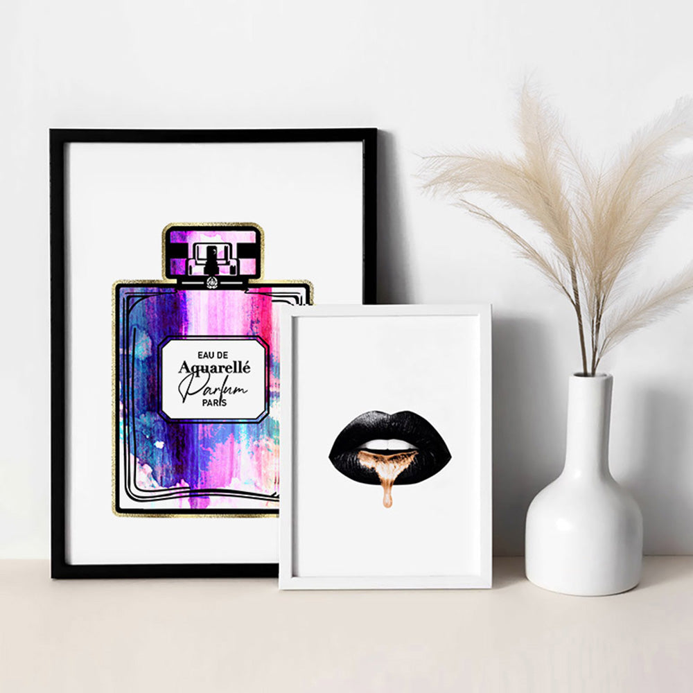 Rainbow Grunge Watercolour Perfume Bottle - Art Print, Poster, Stretched Canvas or Framed Wall Art, shown framed in a home interior space