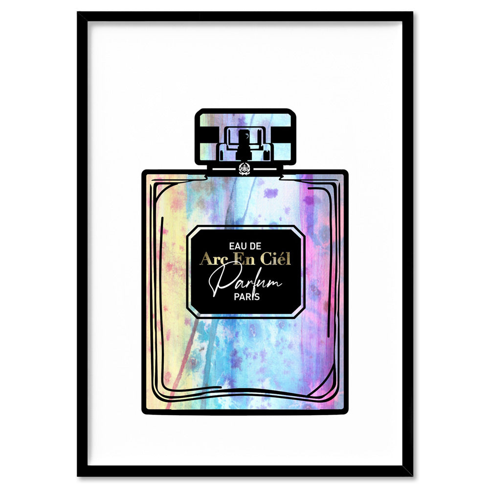 Watercolour Perfume Bottle in Rainbow - Art Print, Poster, Stretched Canvas, or Framed Wall Art Print, shown in a black frame
