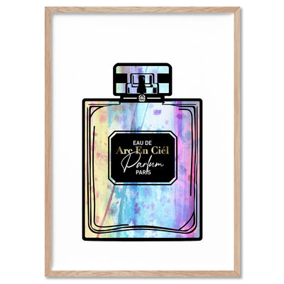 Watercolour Perfume Bottle in Rainbow - Art Print, Poster, Stretched Canvas, or Framed Wall Art Print, shown in a natural timber frame