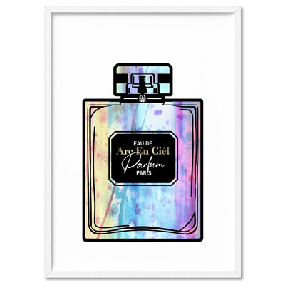 Watercolour Perfume Bottle in Rainbow - Art Print, Poster, Stretched Canvas, or Framed Wall Art Print, shown in a white frame