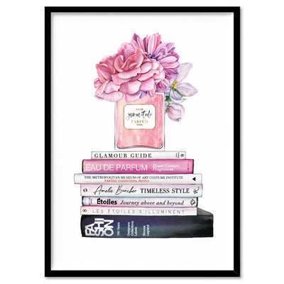 Perfume Bottle on Fashion Books Stack II - Art Print, Poster, Stretched Canvas, or Framed Wall Art Print, shown in a black frame