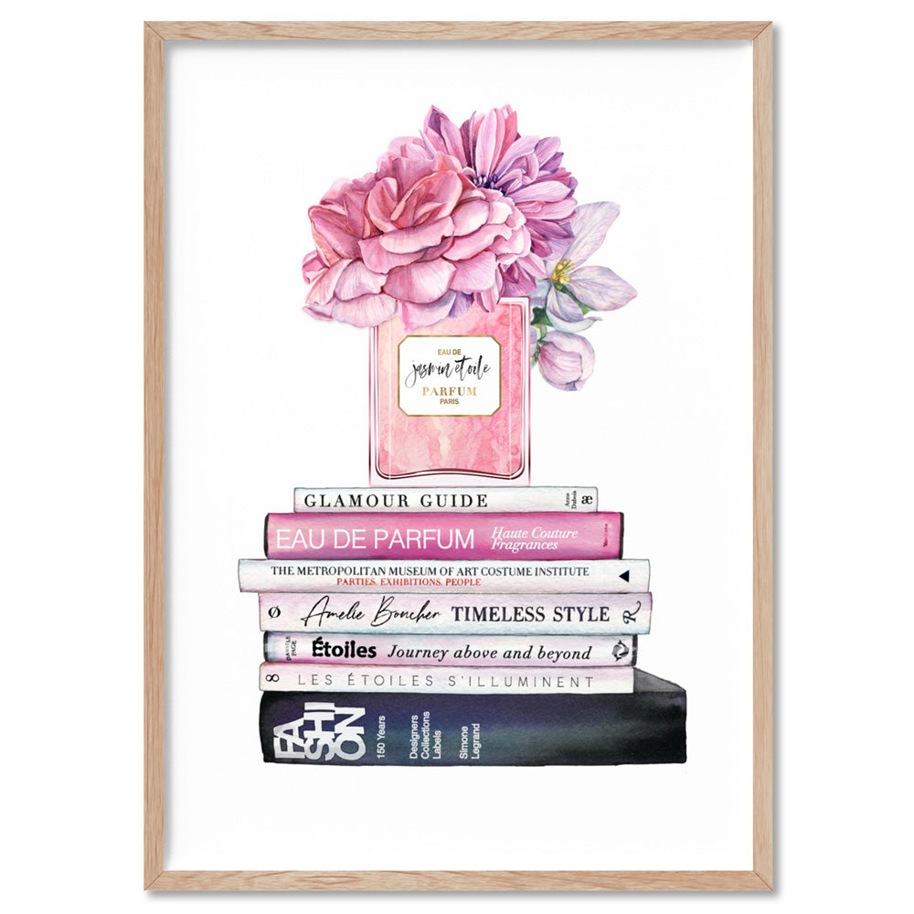 Perfume Bottle on Fashion Books Stack II - Art Print, Poster, Stretched Canvas, or Framed Wall Art Print, shown in a natural timber frame