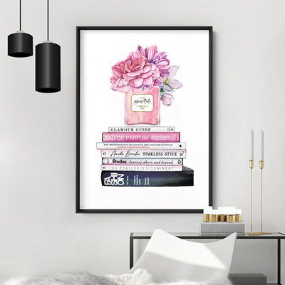 Perfume Bottle on Fashion Books Stack II - Art Print, Poster, Stretched Canvas or Framed Wall Art Prints, shown framed in a room