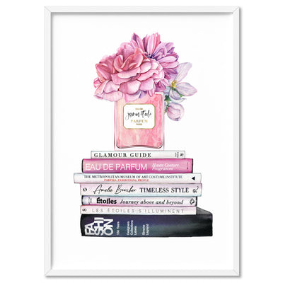 Perfume Bottle on Fashion Books Stack II - Art Print, Poster, Stretched Canvas, or Framed Wall Art Print, shown in a white frame