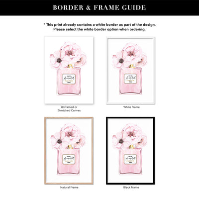 Pastel Pink Floral Perfume Bottle - Art Print, Poster, Stretched Canvas or Framed Wall Art, Showing White , Black, Natural Frame Colours, No Frame (Unframed) or Stretched Canvas, and With or Without White Borders