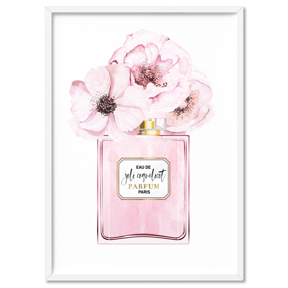 Pastel Pink Floral Perfume Bottle - Art Print, Poster, Stretched Canvas, or Framed Wall Art Print, shown in a white frame