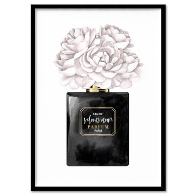 Black & White Floral Perfume Bottle - Art Print, Poster, Stretched Canvas, or Framed Wall Art Print, shown in a black frame