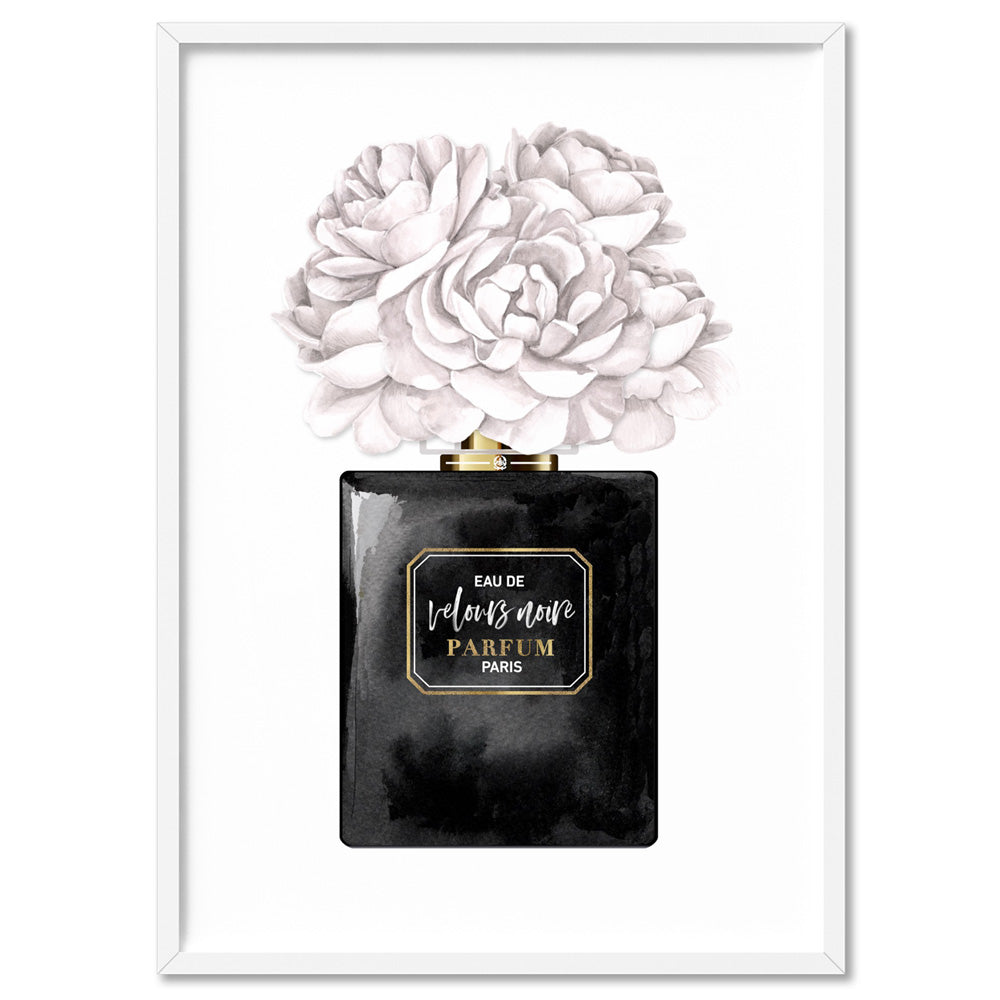 Black & White Floral Perfume Bottle - Art Print, Poster, Stretched Canvas, or Framed Wall Art Print, shown in a white frame