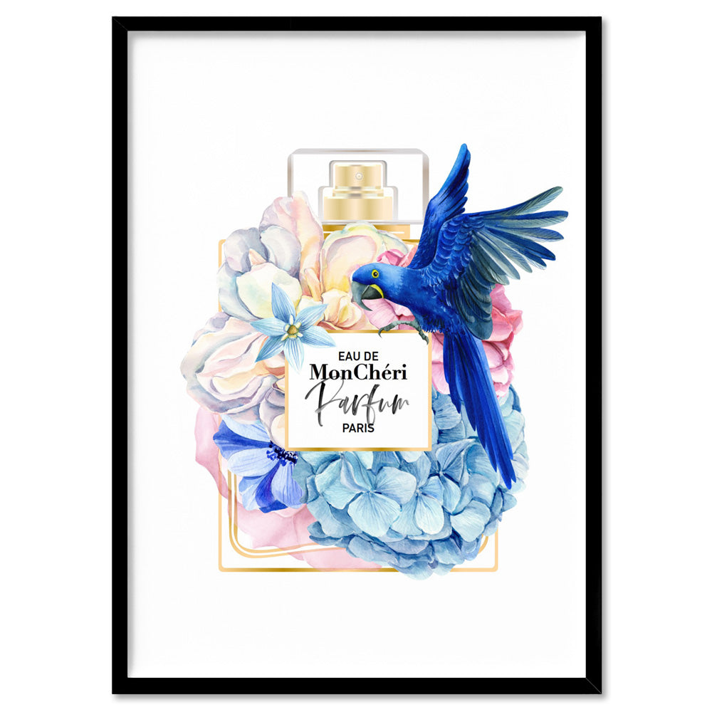 Floral Perfume Bottle | Blue Parrot - Art Print, Poster, Stretched Canvas, or Framed Wall Art Print, shown in a black frame