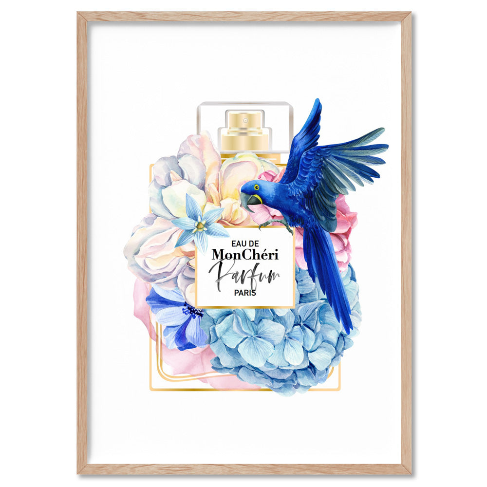 Floral Perfume Bottle | Blue Parrot - Art Print, Poster, Stretched Canvas, or Framed Wall Art Print, shown in a natural timber frame