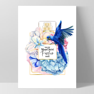 Floral Perfume Bottle | Blue Parrot - Art Print, Poster, Stretched Canvas, or Framed Wall Art Print, shown as a stretched canvas or poster without a frame