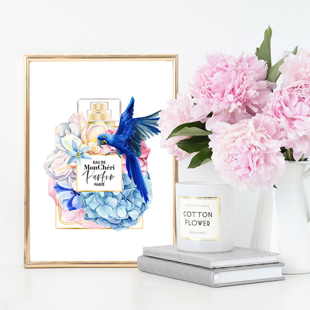Floral Perfume Bottle | Blue Parrot - Art Print, Poster, Stretched Canvas or Framed Wall Art Prints, shown framed in a room
