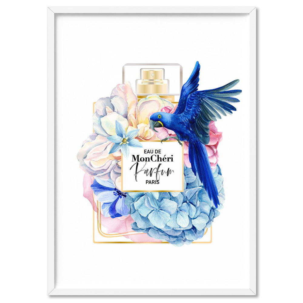 Floral Perfume Bottle | Blue Parrot - Art Print, Poster, Stretched Canvas, or Framed Wall Art Print, shown in a white frame