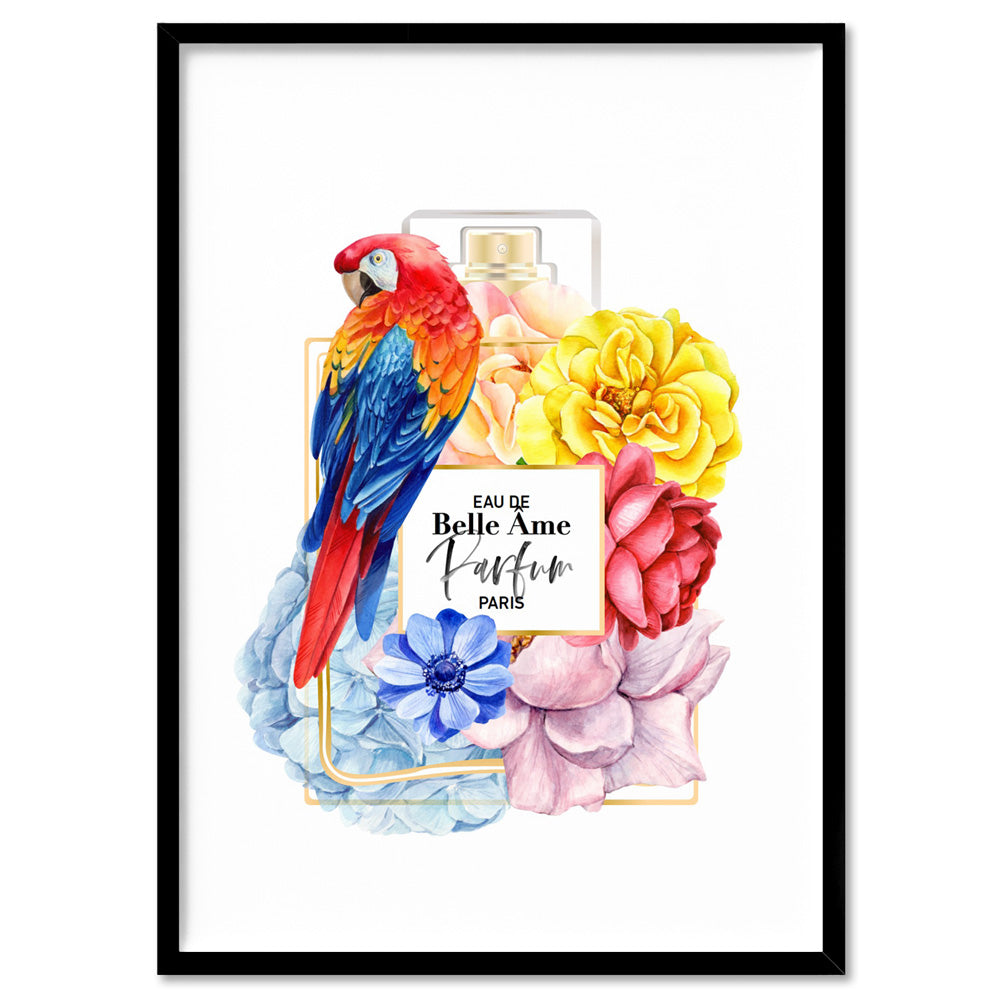 Floral Perfume Bottle | Rainbow Parrot - Art Print, Poster, Stretched Canvas, or Framed Wall Art Print, shown in a black frame