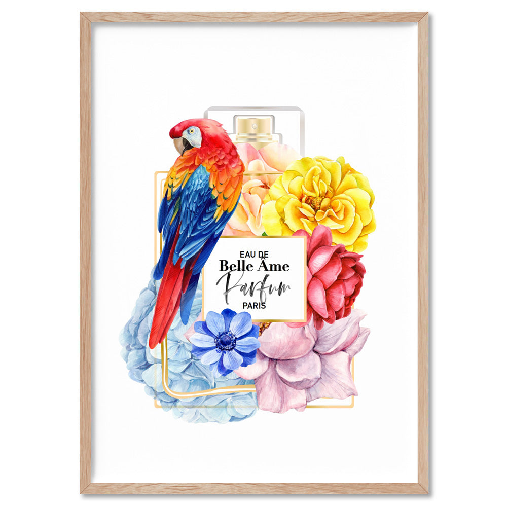 Floral Perfume Bottle | Rainbow Parrot - Art Print, Poster, Stretched Canvas, or Framed Wall Art Print, shown in a natural timber frame