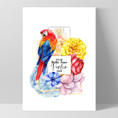 Floral Perfume Bottle | Rainbow Parrot - Art Print, Poster, Stretched Canvas, or Framed Wall Art Print, shown as a stretched canvas or poster without a frame