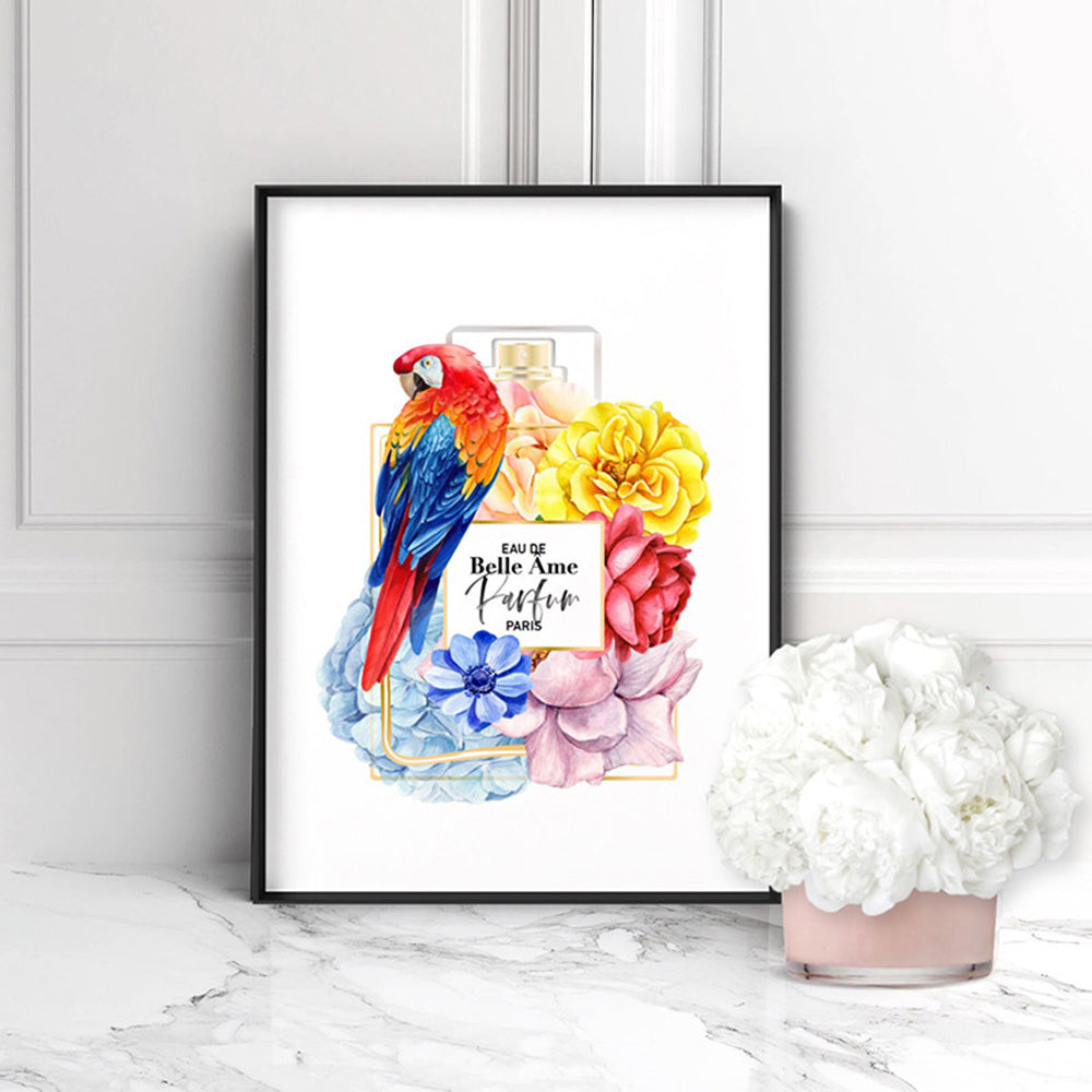 Floral Perfume Bottle | Rainbow Parrot - Art Print, Poster, Stretched Canvas or Framed Wall Art Prints, shown framed in a room