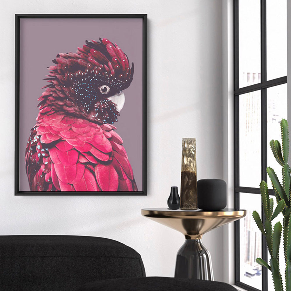 Red Cockatoo - Art Print, Poster, Stretched Canvas or Framed Wall Art Prints, shown framed in a room