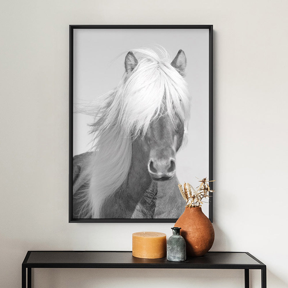 Horse Portrait in Black & White - Art Print, Poster, Stretched Canvas or Framed Wall Art Prints, shown framed in a room