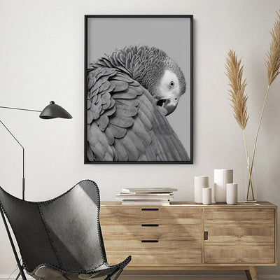 Grey Parrot - Art Print, Poster, Stretched Canvas or Framed Wall Art Prints, shown framed in a room