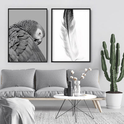 Grey Parrot - Art Print, Poster, Stretched Canvas or Framed Wall Art, shown framed in a home interior space