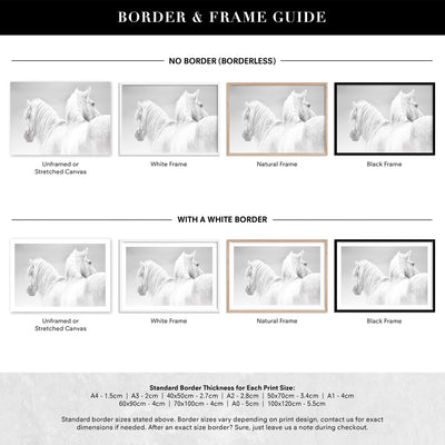 White Horses Duo B&W - Art Print, Poster, Stretched Canvas or Framed Wall Art, Showing White , Black, Natural Frame Colours, No Frame (Unframed) or Stretched Canvas, and With or Without White Borders