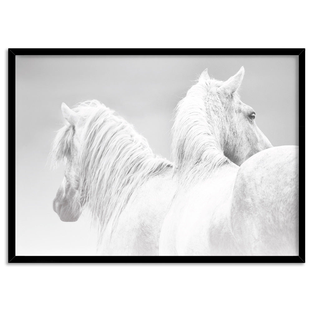 White Horses Duo B&W - Art Print, Poster, Stretched Canvas, or Framed Wall Art Print, shown in a black frame