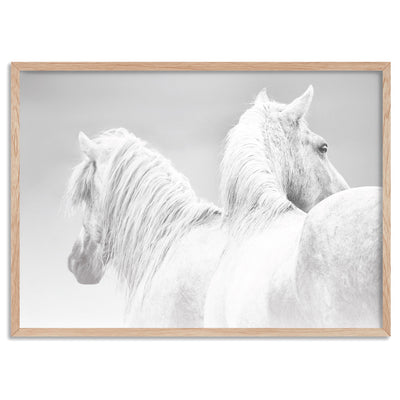White Horses Duo B&W - Art Print, Poster, Stretched Canvas, or Framed Wall Art Print, shown in a natural timber frame