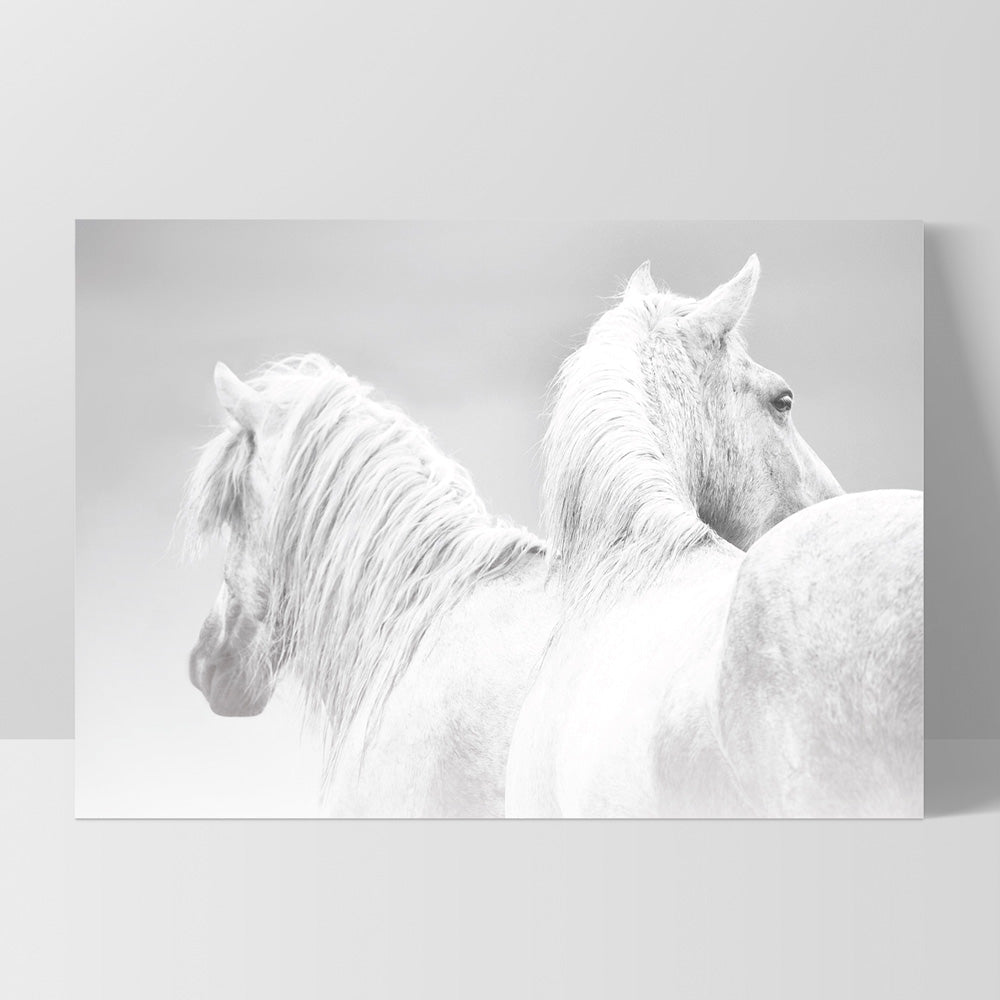 White Horses Duo B&W - Art Print, Poster, Stretched Canvas, or Framed Wall Art Print, shown as a stretched canvas or poster without a frame