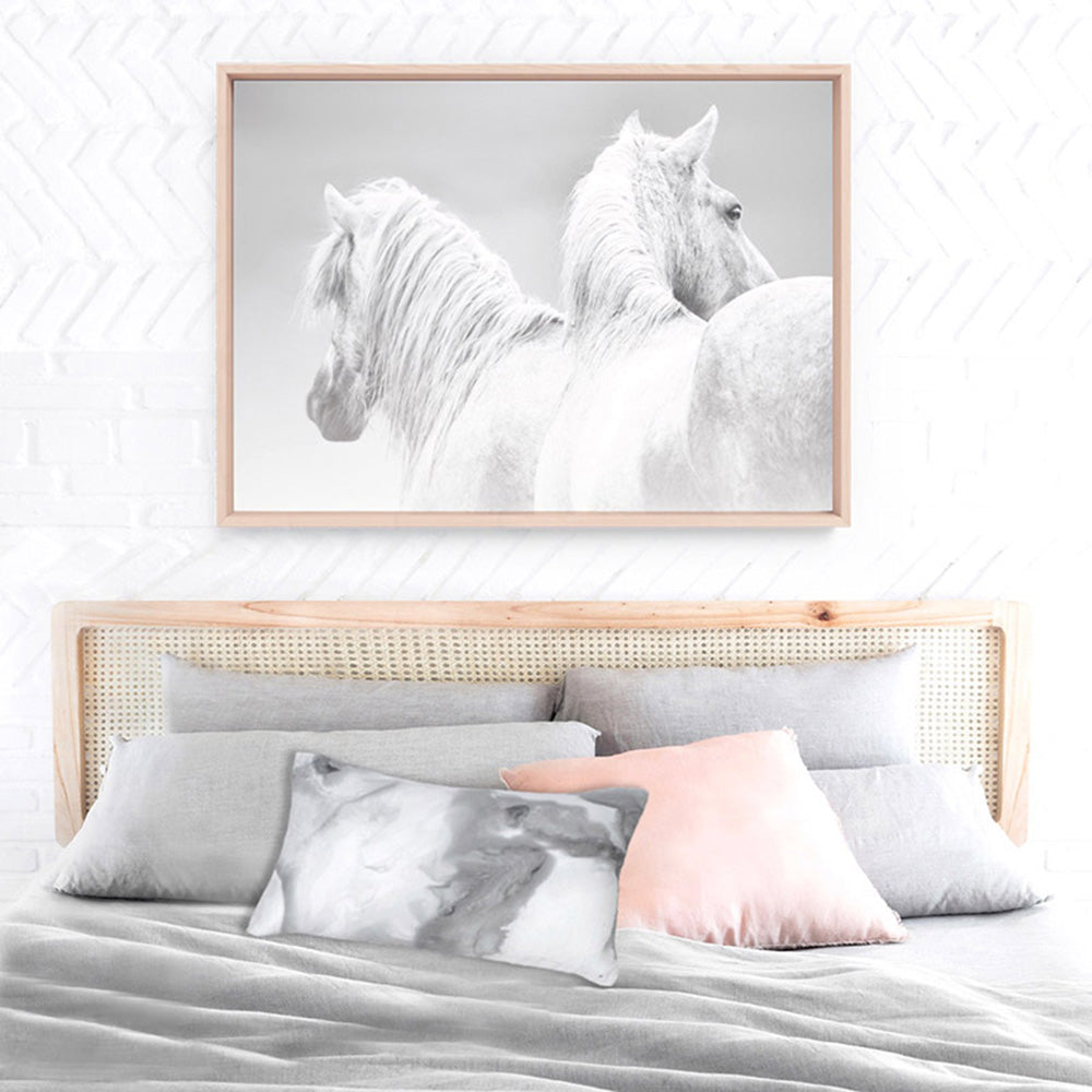 White Horses Duo B&W - Art Print, Poster, Stretched Canvas or Framed Wall Art Prints, shown framed in a room