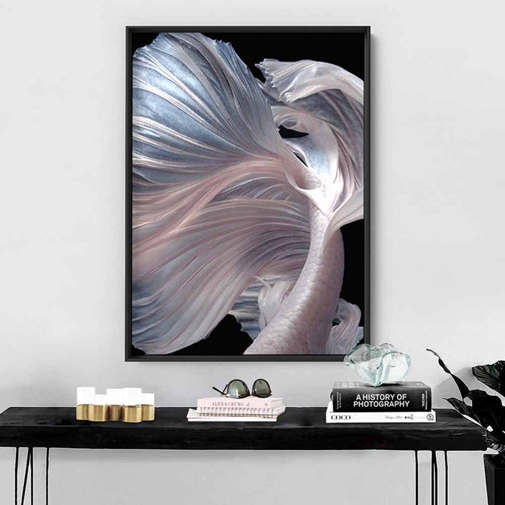Japanese White I Betta Fighting Fish - Art Print, Poster, Stretched Canvas or Framed Wall Art Prints, shown framed in a room