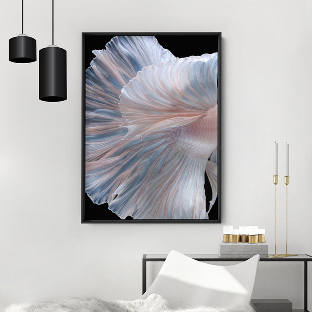 Japanese White II Betta Fighting Fish - Art Print, Poster, Stretched Canvas or Framed Wall Art Prints, shown framed in a room