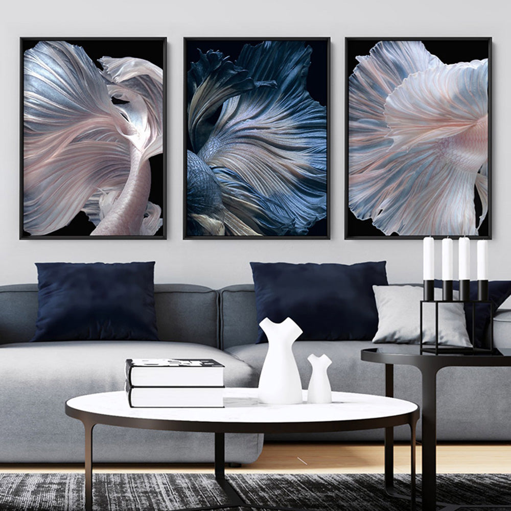 Japanese White II Betta Fighting Fish - Art Print, Poster, Stretched Canvas or Framed Wall Art, shown framed in a home interior space