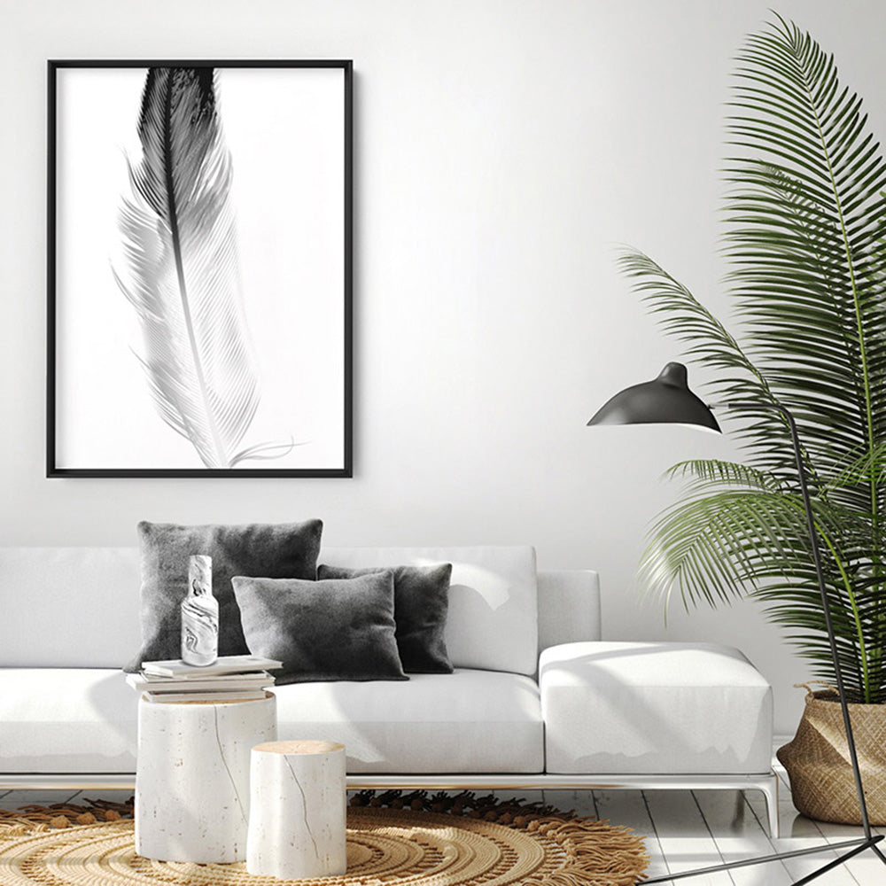 Feather Black & White I - Art Print, Poster, Stretched Canvas or Framed Wall Art Prints, shown framed in a room