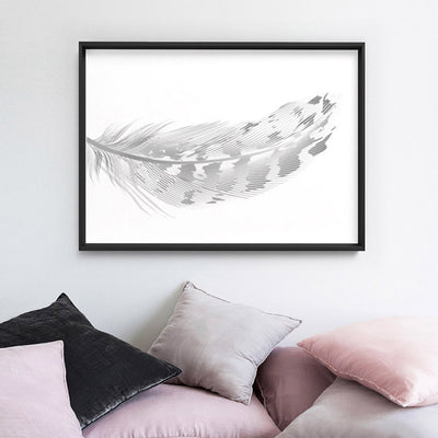 Speckled Feather Black & White - Art Print, Poster, Stretched Canvas or Framed Wall Art Prints, shown framed in a room