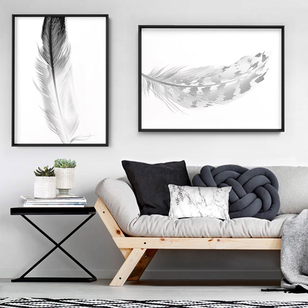 Speckled Feather Black & White - Art Print, Poster, Stretched Canvas or Framed Wall Art, shown framed in a home interior space