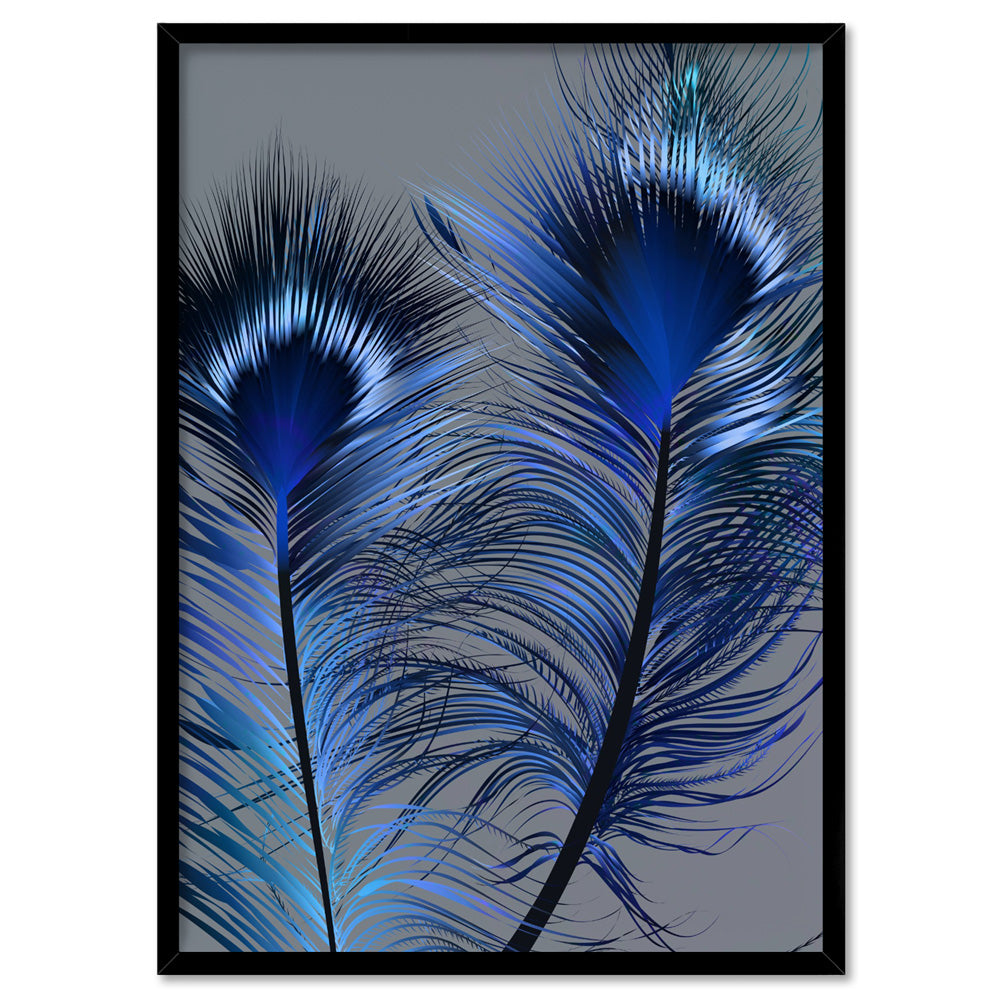 Peacock Feathers Blue Edit - Art Print, Poster, Stretched Canvas, or Framed Wall Art Print, shown in a black frame