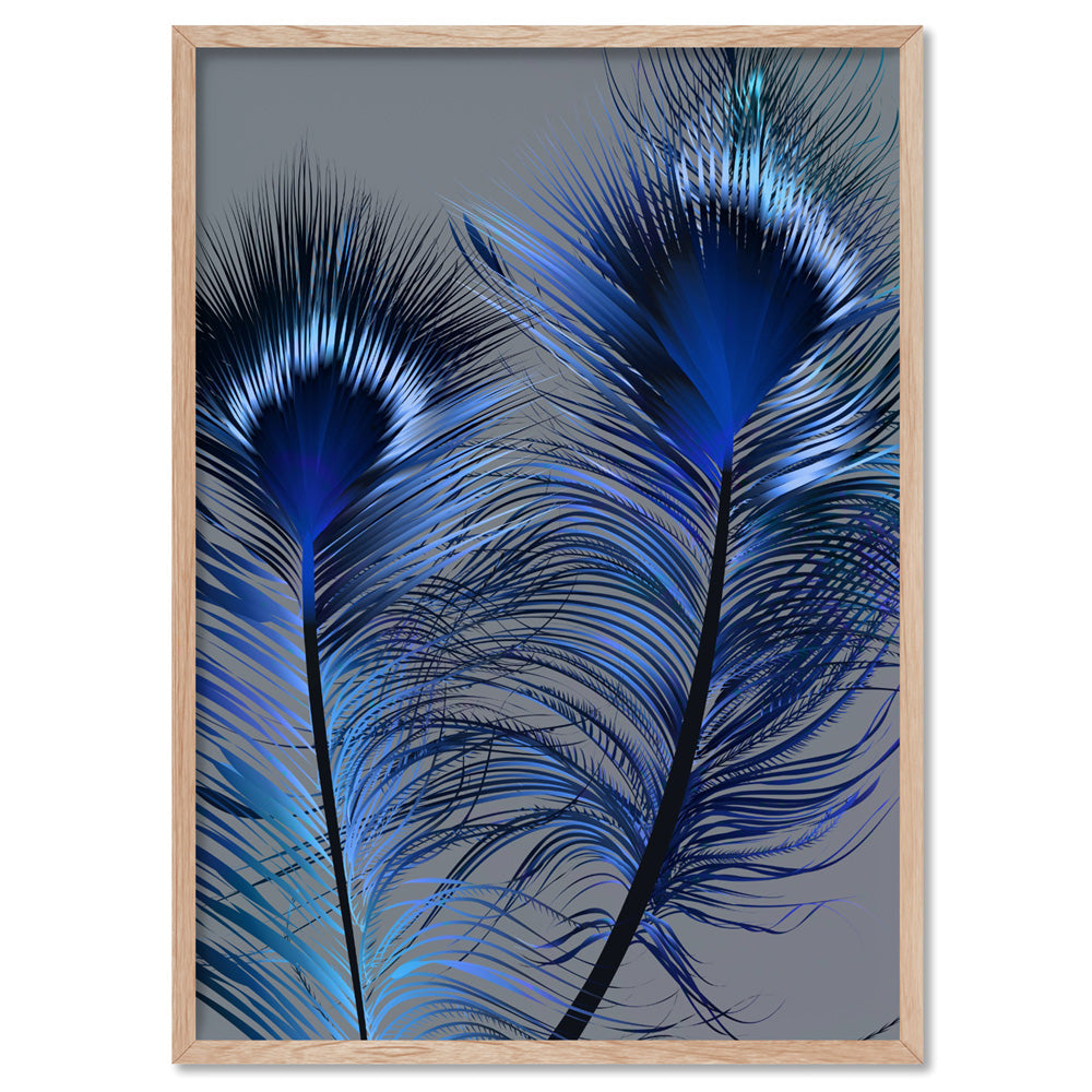 Peacock Feathers Blue Edit - Art Print, Poster, Stretched Canvas, or Framed Wall Art Print, shown in a natural timber frame