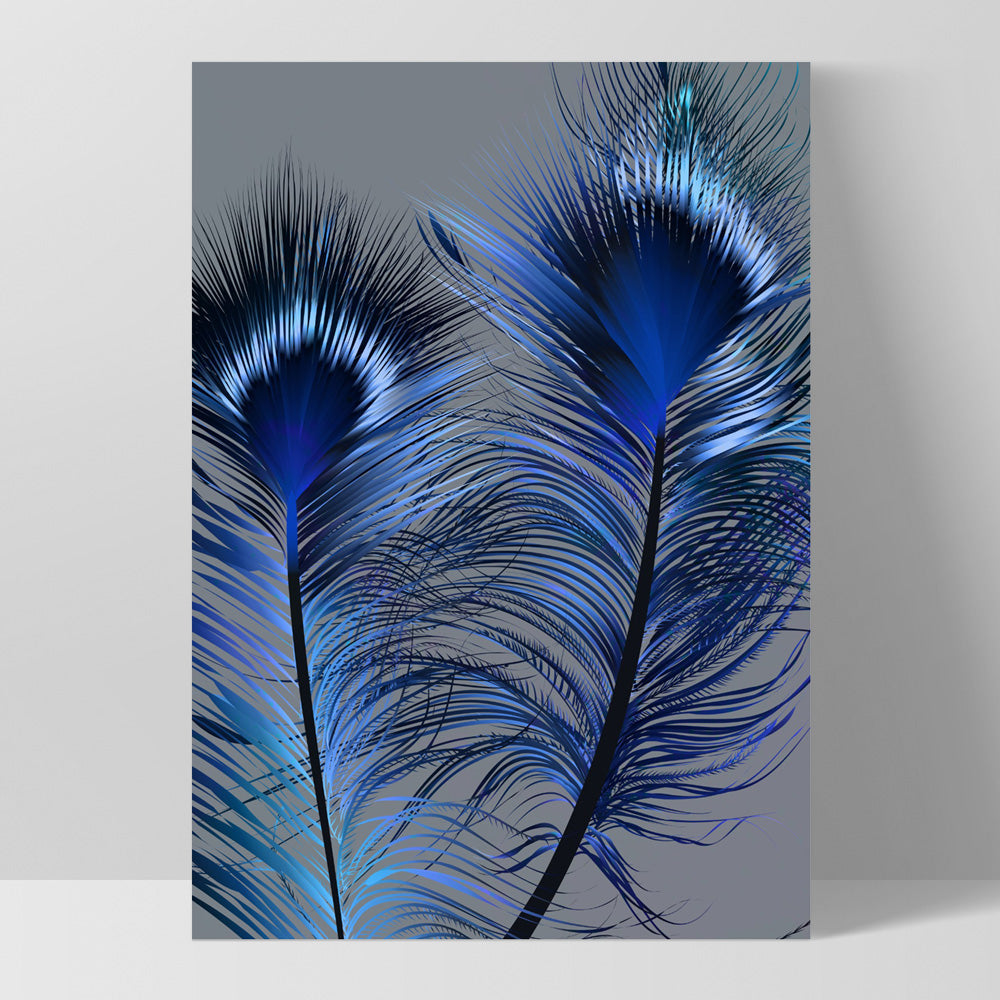 Peacock Feathers Blue Edit - Art Print, Poster, Stretched Canvas, or Framed Wall Art Print, shown as a stretched canvas or poster without a frame