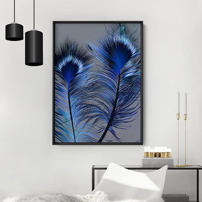 Peacock Feathers Blue Edit - Art Print, Poster, Stretched Canvas or Framed Wall Art Prints, shown framed in a room